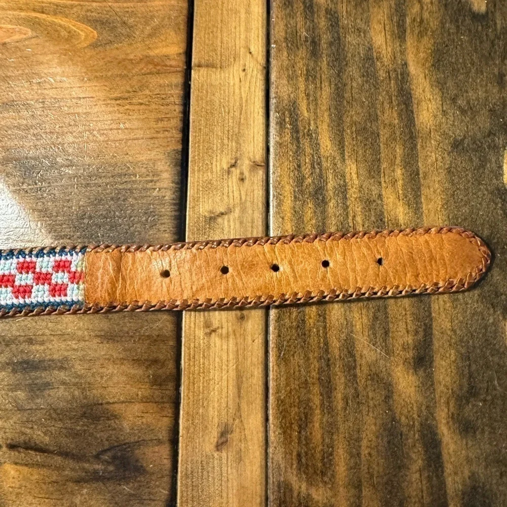 Vintage Leather & Woven Multicolor Cotton Belt Size 32 Hand Tooled